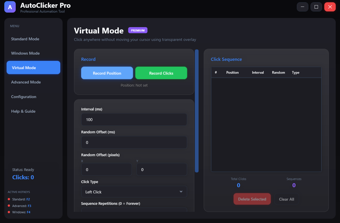 AutoClick Pro virtual mode settings