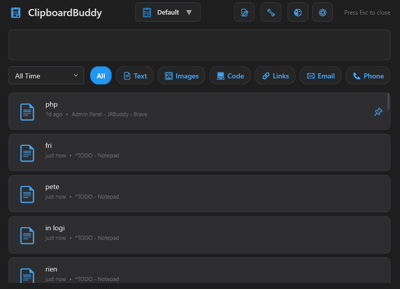 ClipboardBuddy main interface showing clipboard history and workspaces
