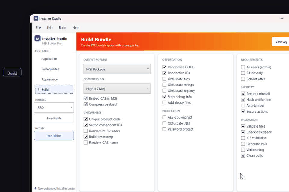 Installer Studio Build tab — compression, obfuscation, security, and validation options