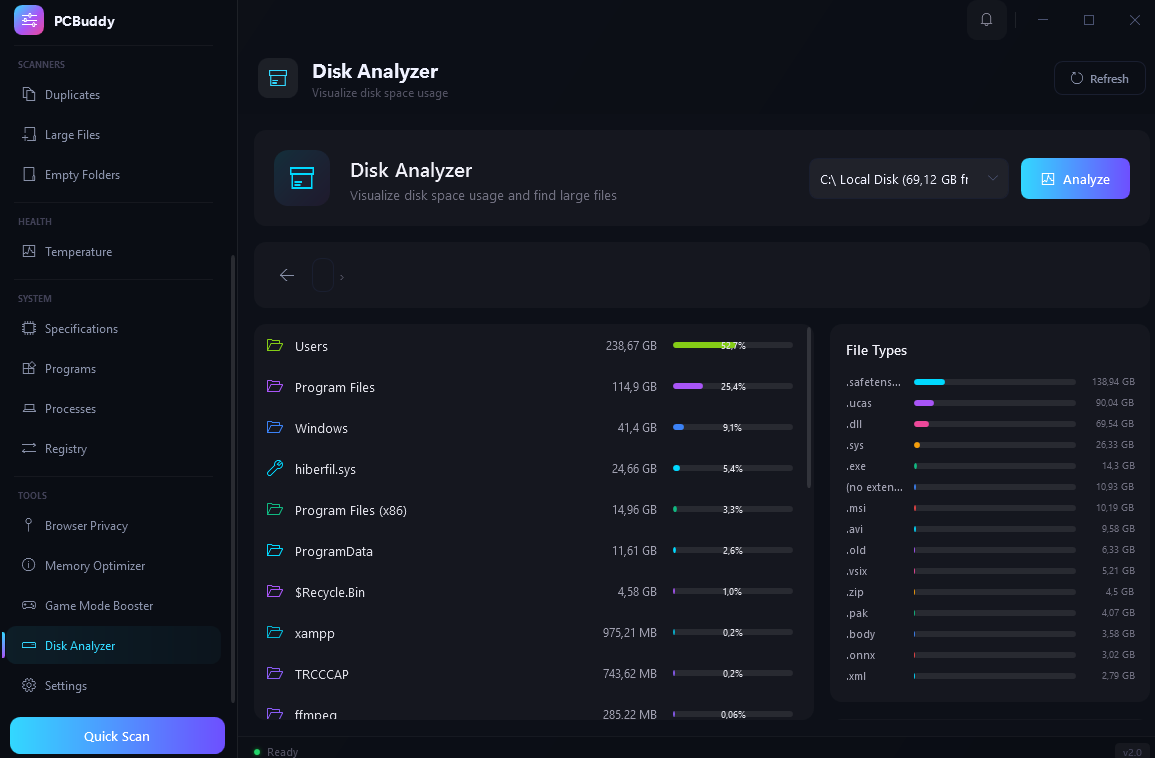 PCBuddy disk analyzer showing storage usage