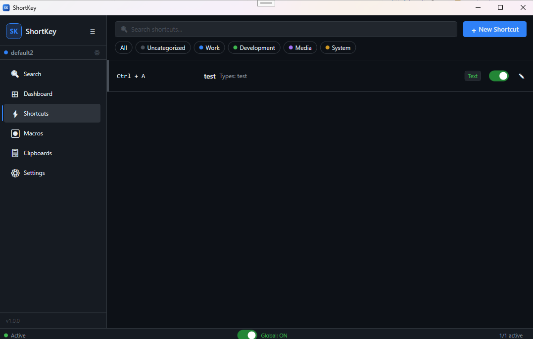 ShortKey main interface showing shortcut list and hotkey binding